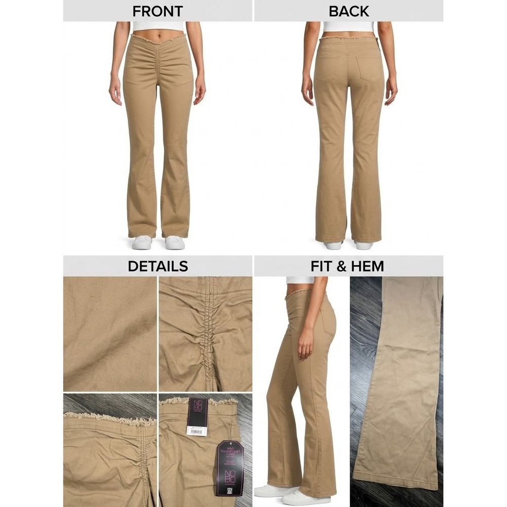 NWT No Boundaries Womens V-Waist Ruched Pull-On Flare Pants Tan Khaki Size 9